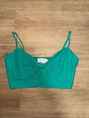 Green Tie-Front Crop Top with Button Detail